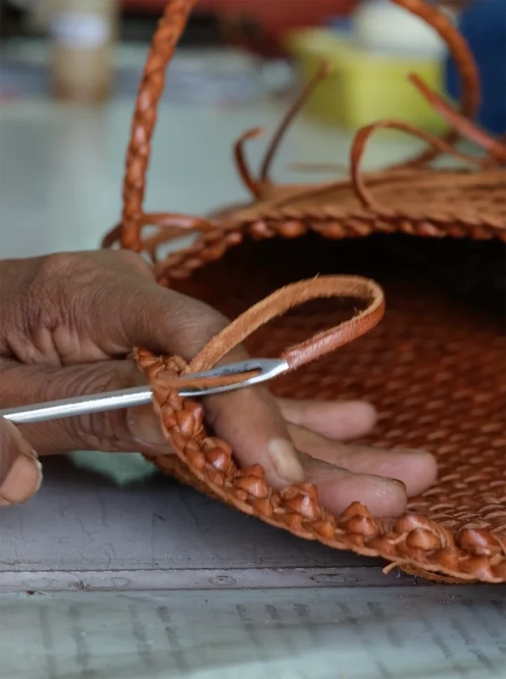 Custom handwoven leather bag development sample